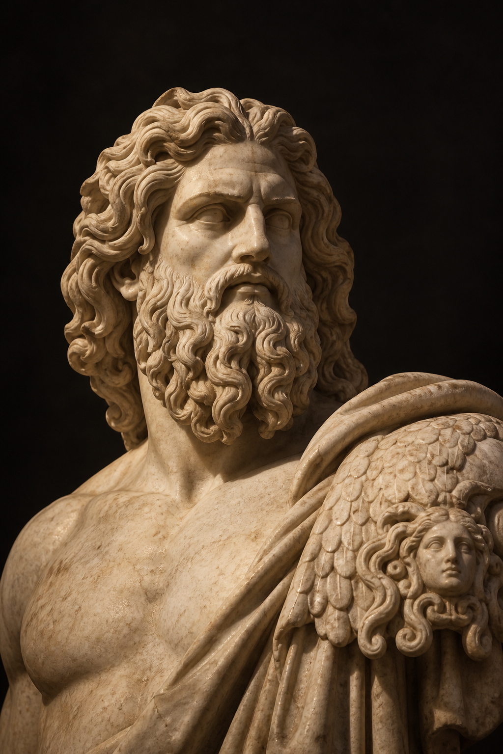 Generated marble sculpture portrait of Zeus, inspired by Aegis-Bearing Jupiter