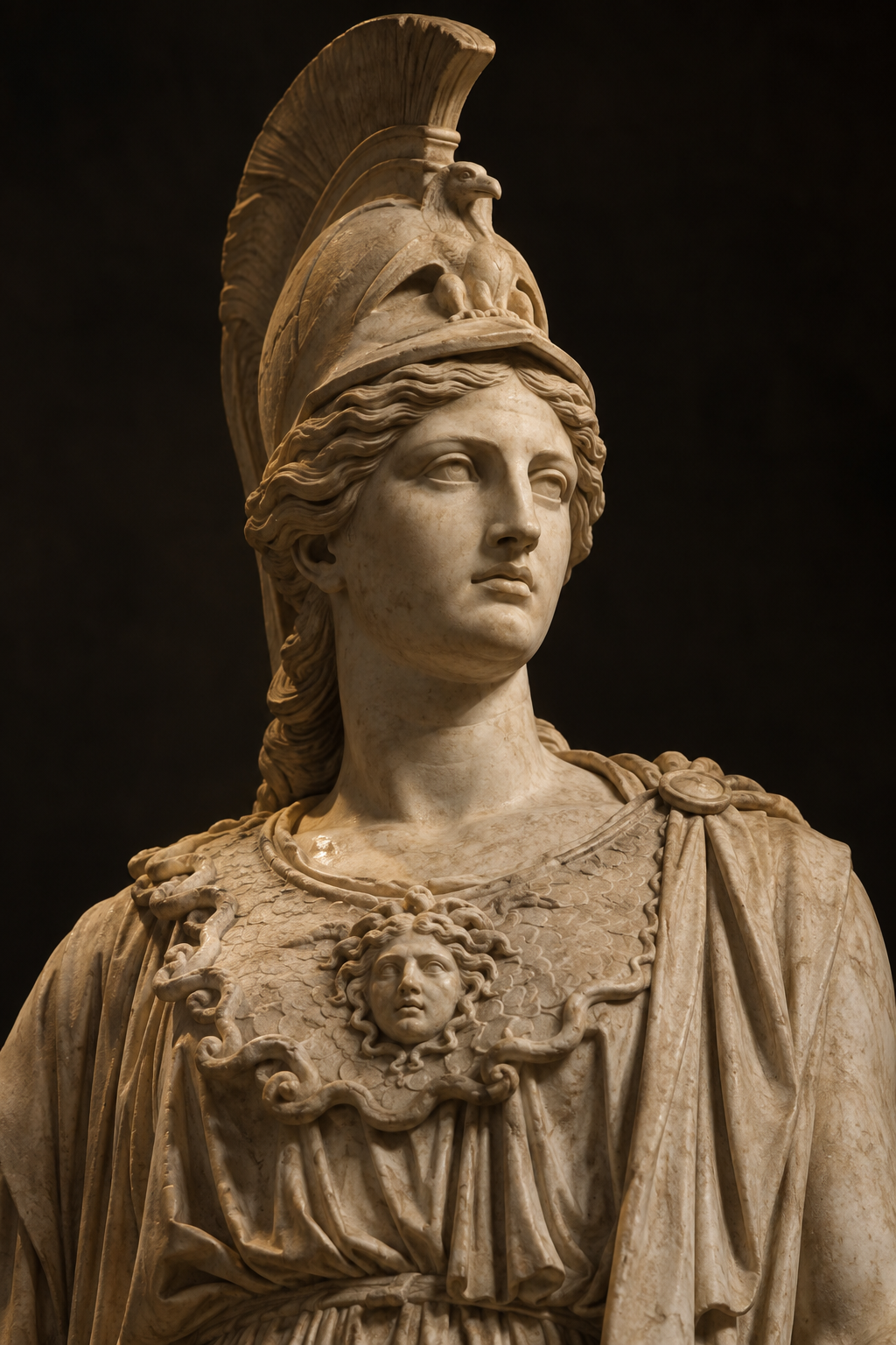 Generated marble sculpture portrait of Athena (Pallas Athena), inspired by Pallas de Velletri
