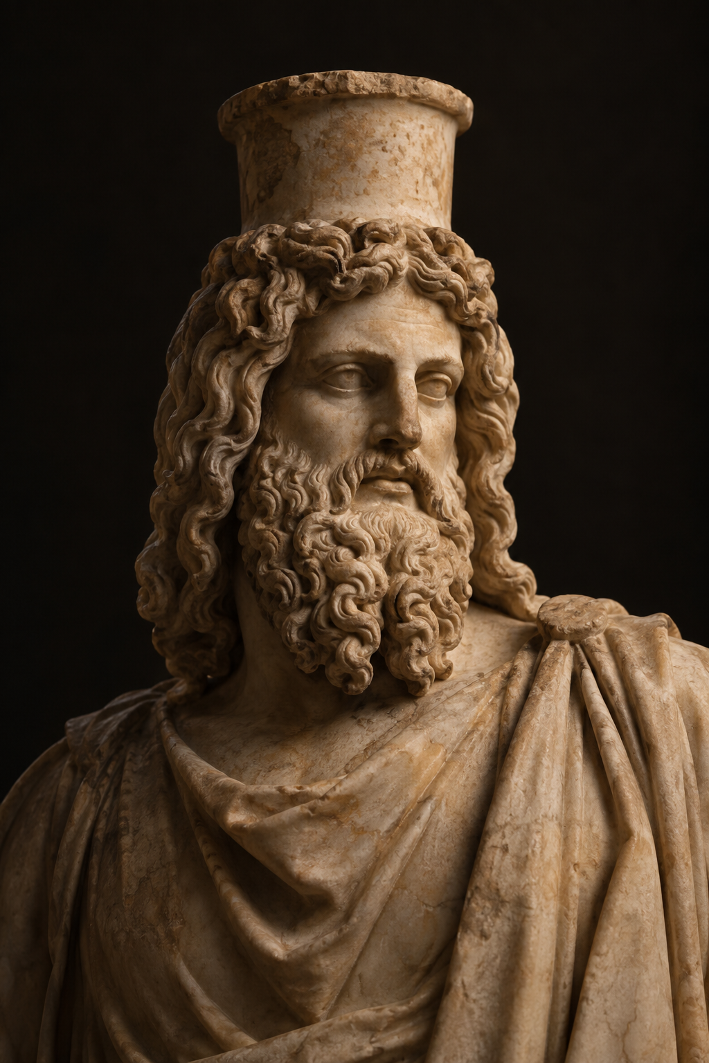 Generated marble sculpture portrait of Hades, inspired by Sarapis-Hades (syncretic model)